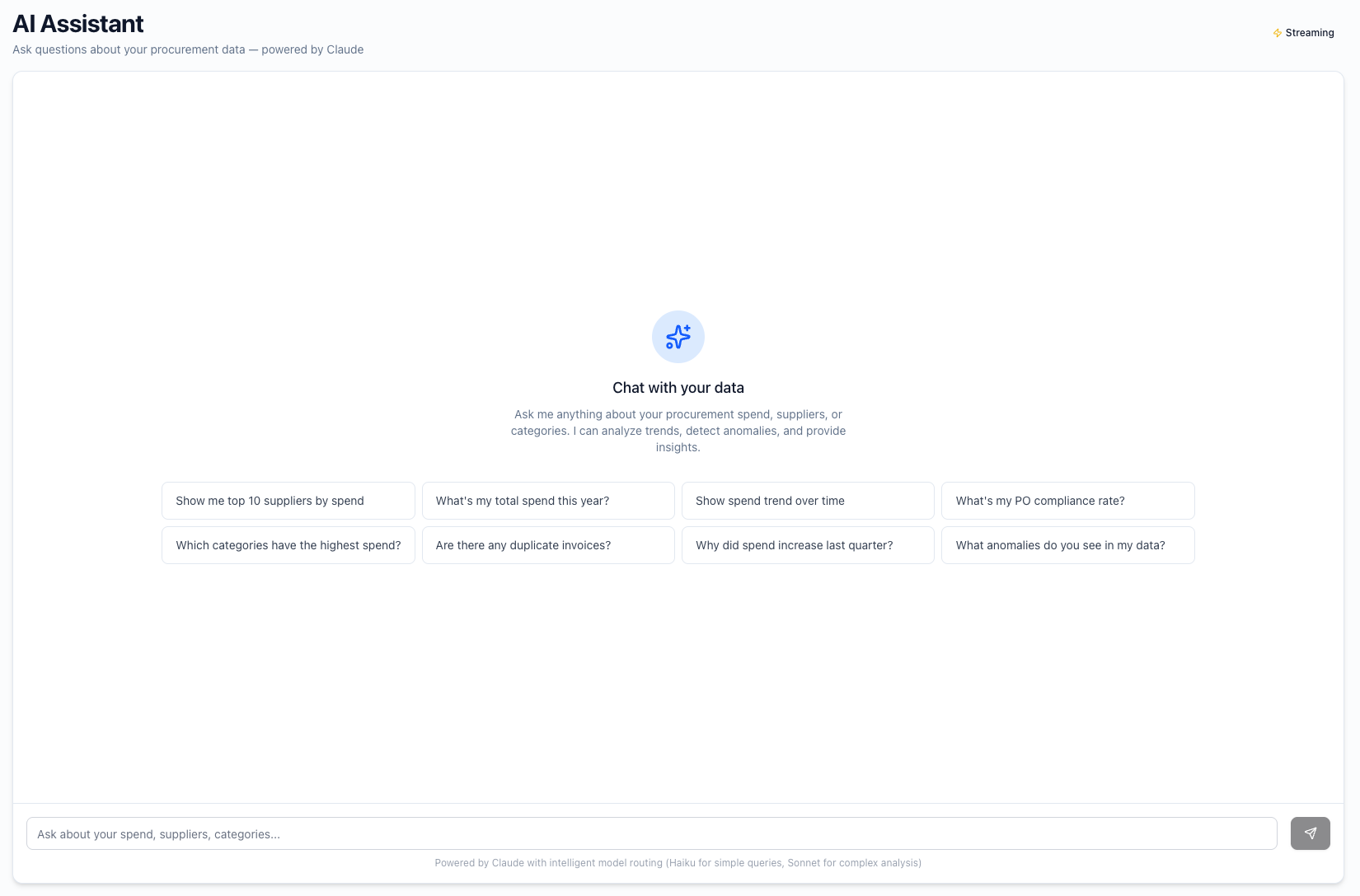 Natural language AI chat interface for querying spend data